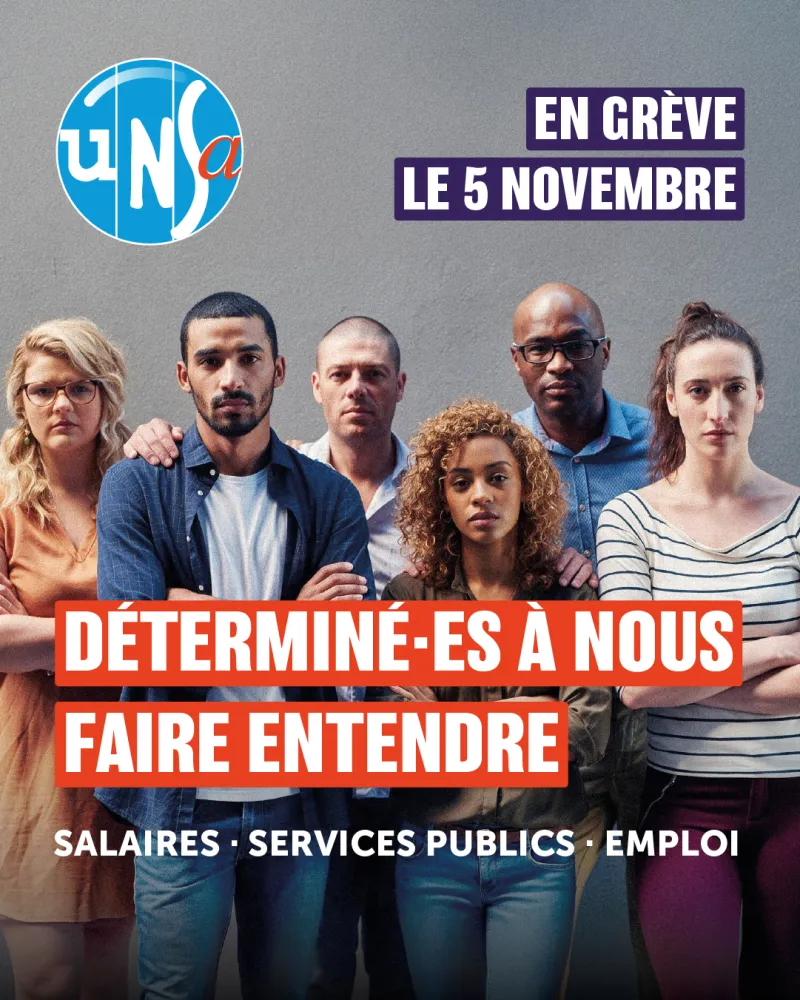 Visuel national de l’UNSA&nbsp;: en grève le 5 novembre, déterminé·es à nous faire entendre
