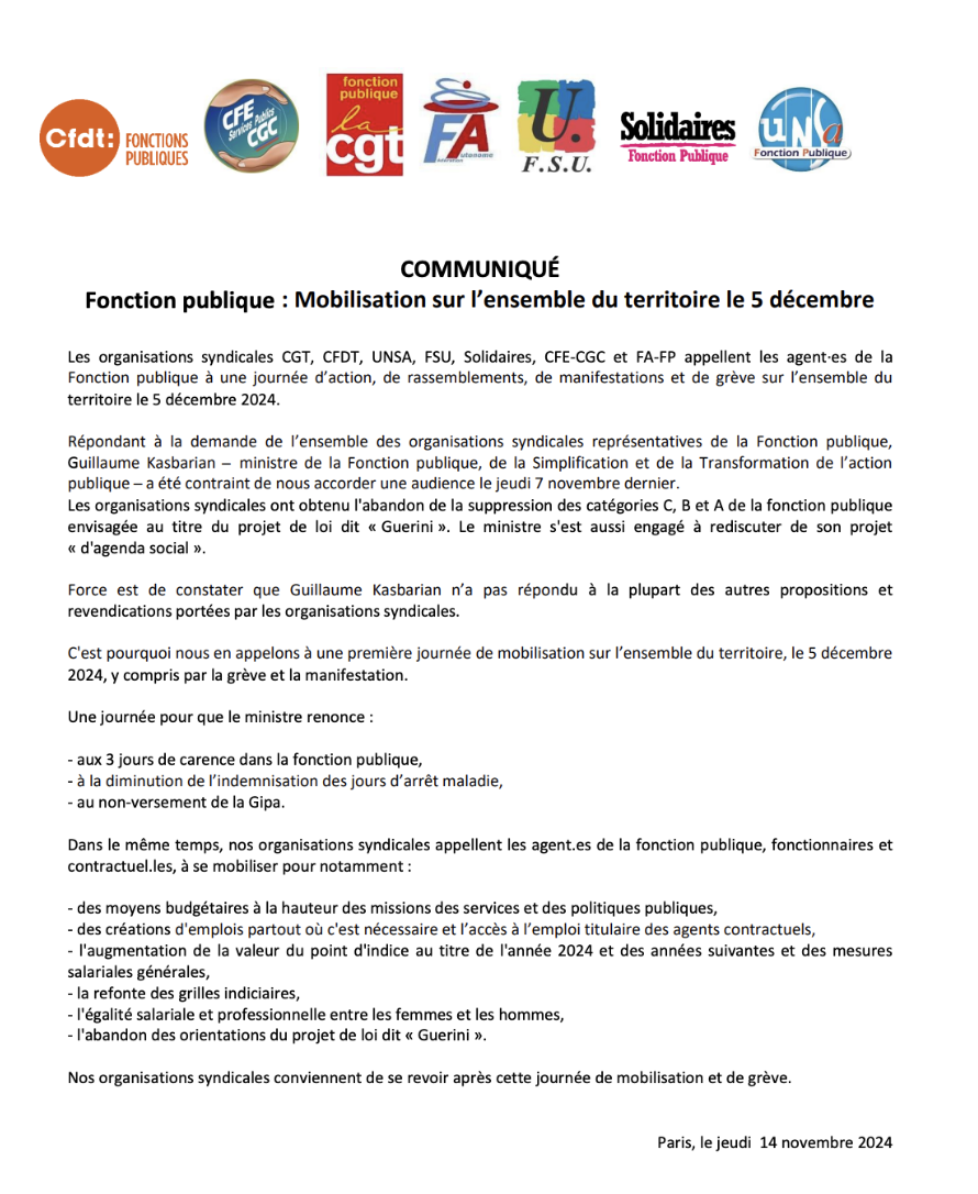Mobilisation nationale des agents publics : rendez-vous le 5 décembre !