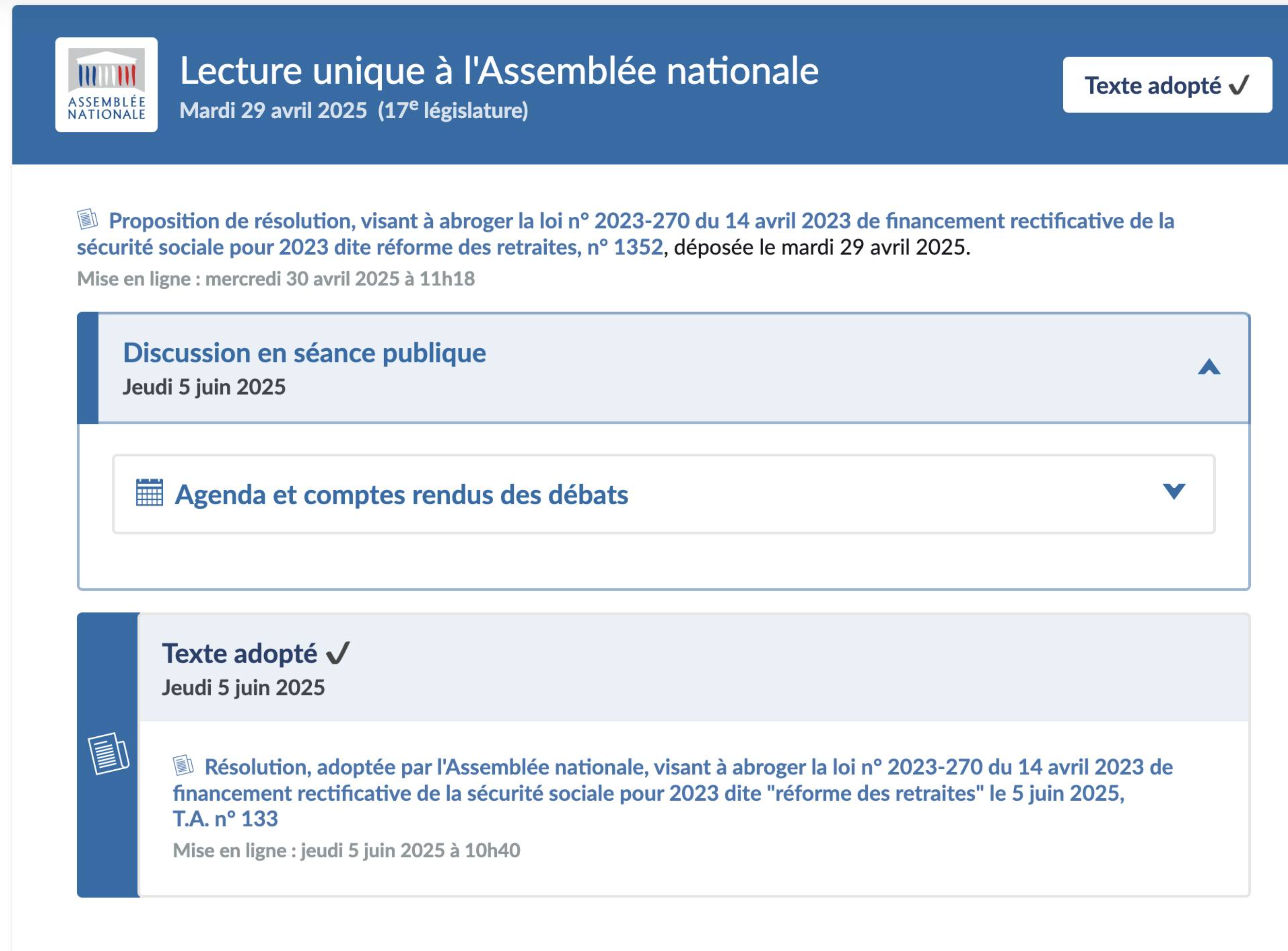 Les députés ont voté pour demander l’abrogation de la réforme des retraites.