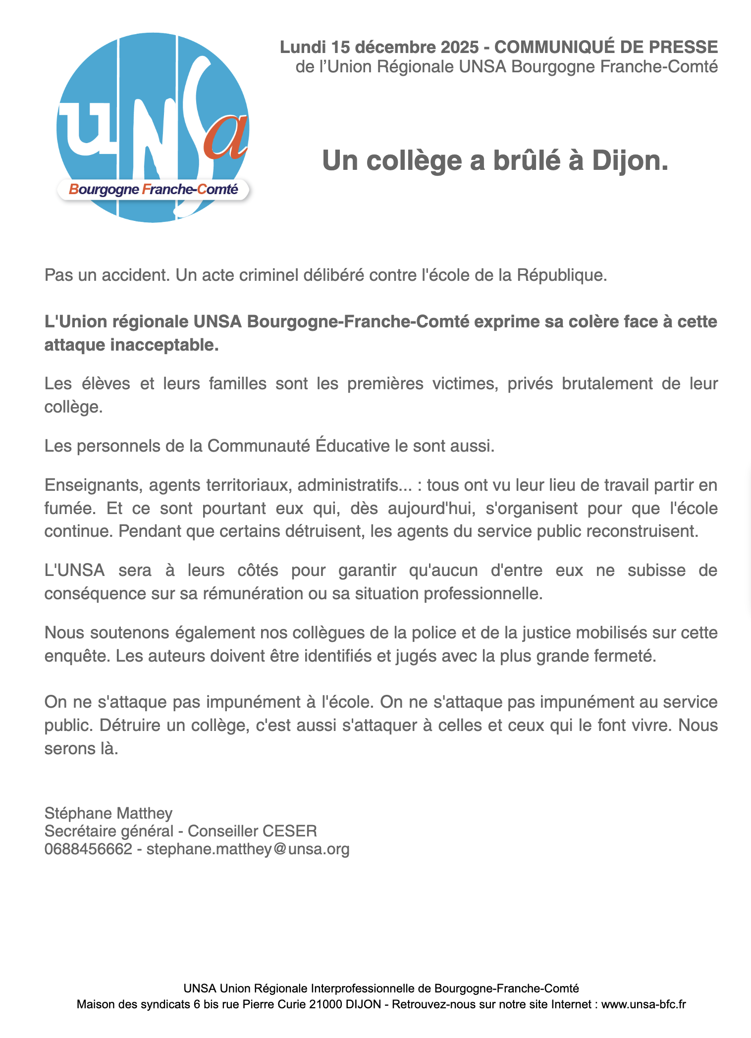 Un collège a brûlé à Dijon